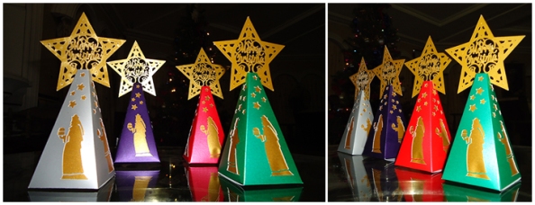 Christmas themed favour boxes featuring the 3 wise men following the star